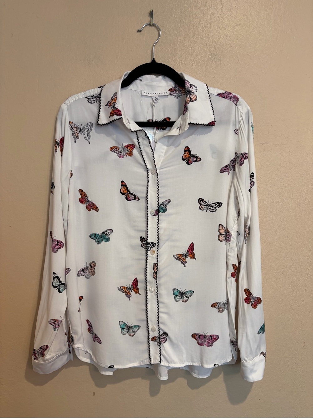 Jane and Delancey White Button Up Blouse w/ Colorful Butterflies, NWT Size S